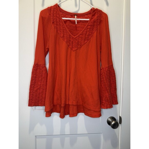 Free People Womens Parisian Nights Top Small Red Embroidered Boho Bell Sleeve - Picture 3 of 8